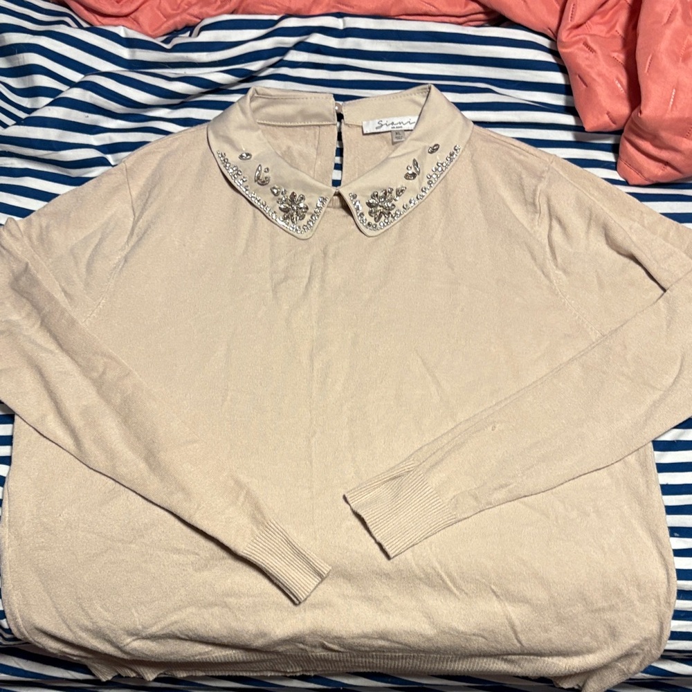 Sioni Beige Embellished Collar Blouse